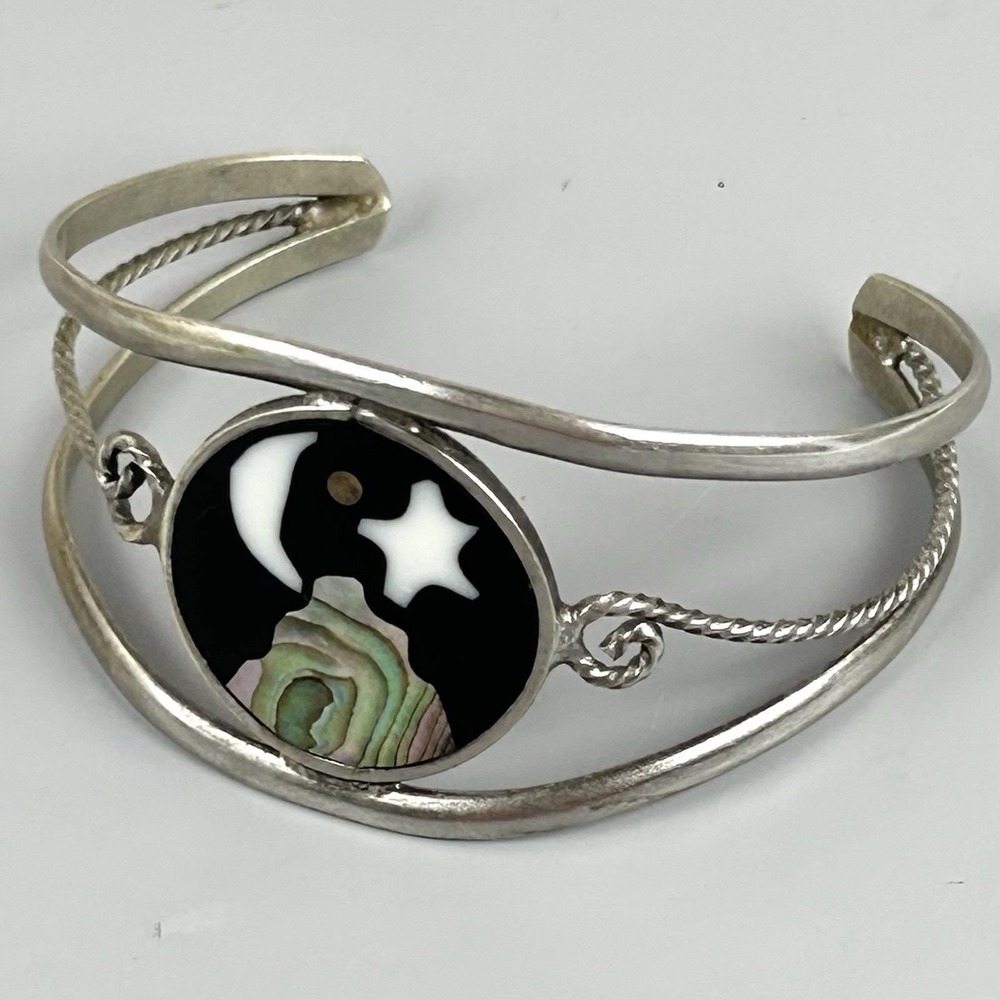 Mexico Celestial Moon Star Abalone Inlay Cuff Bracelet 925 Alpaca 17.5g